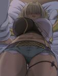  1girl ahoge ass_visible_through_thighs blonde_hair blush breasts elegg_(nikke) exposed_pocket fang feet_out_of_frame goddess_of_victory:_nikke hair_intakes hair_over_eyes highres katakuriko626 large_breasts long_bangs lying medium_hair multicolored_hair navel on_back on_bed open_mouth out_of_frame plump shorts skin_fang suspender_shorts suspenders sweat thick_thighs thigh_strap thighs two-tone_hair 