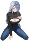  1girl absurdres aqua_eyes black_sweater blue_eyes blue_nails breasts cleavage closed_mouth commentary denim genshin_impact grey_hair hair_over_one_eye hand_on_own_chest highres jeans jewelry kamko large_breasts long_hair long_sleeves looking_at_viewer meme_attire nail_polish necklace open-chest_sweater pants shenhe_(genshin_impact) simple_background sitting smile solo sweater turtleneck turtleneck_sweater wariza white_background 
