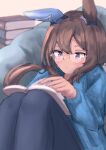  1girl admire_vega_(umamusume) animal_ears blue_sweater book book_stack brown_hair cushion ear_covers glasses hair_between_eyes hama_fazer highres horse_ears horse_girl long_hair long_sleeves pants purple_eyes reading single_ear_cover sitting solo star_(symbol) sweater umamusume 