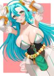  1girl :p absurdres aqua_hair armpits arms_up bare_shoulders blush breasts chloe_(fire_emblem) choker collarbone commentary_request detached_sleeves elbow_gloves fire_emblem fire_emblem_engage fire_emblem_heroes gloves green_eyes hair_between_eyes hairband highres large_breasts leotard long_hair looking_at_viewer orange_choker pantyhose puffy_short_sleeves puffy_sleeves short_sleeves solo tara_(szzj7733) tongue tongue_out very_long_hair white_gloves white_hairband white_pantyhose 