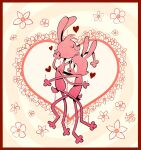 ambiguous/ambiguous ambiguous_gender anthro black_nose buckteeth ears_up eyes_closed flower fur heart_symbol hi_res holidays hug ibrah_(artist) lagomorph leporid looking_at_another mammal pink_body pink_fur plant rabbit slim smile tail teeth valentine&#039;s_day