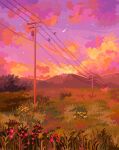  bush cloud commentary english_commentary field from_side grass highres mountainous_horizon no_humans original outdoors pixel_art power_lines purple_sky qwertgfx scenery shooting_star sky star_(sky) starry_sky sun sunset utility_pole 