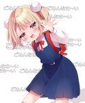  1girl absurdres aged_down arm_behind_back arm_up backpack bag belt blonde_hair blue_dress blue_eyes blush bow bowtie commentary danmaku_comments dress hair_ornament highres indie_virtual_youtuber kiyo_(yamazoe1122) leaning_forward looking_at_viewer open_mouth pinafore_dress pleated_dress pom_pom_(clothes) pom_pom_hair_ornament randoseru red_bow red_bowtie school_uniform shigure_ui_(vtuber) shigure_ui_(vtuber)_(young) shirt short_hair shukusei!!_loli-gami_requiem sleeveless sleeveless_dress smile solo translated twintails virtual_youtuber waving white_shirt 