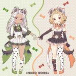  2girls animal_ears asymmetrical_legwear bangs_pinned_back black_gloves black_legwear blonde_hair bow breasts brown_eyes clothing_cutout commentary_request dark-skinned_female dark_skin dress earrings elbow_gloves full_body garter_straps gloves green_footwear grin hair_bow hyena_ears hyena_girl hyena_tail jewelry kneehighs long_hair looking_at_viewer multiple_girls navel navel_cutout orange_footwear original outstretched_arm polka_dot polka_dot_background polka_dot_legwear sayori_(neko_works) second-party_source sharp_teeth shoes short_hair single_earring single_garter_strap single_kneehigh single_thighhigh sleeveless sleeveless_dress small_breasts smile tail teeth thighhighs white_gloves white_hair white_legwear 