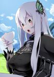  1girl bangs blouse blue_sky breasts brown_eyes cloud cup echidna_(re:zero) eyebrows_behind_hair eyebrows_visible_through_hair grasslands hair_between_eyes hair_ornament hairclip highres holding holding_cup long_hair manno_(kanpi2100) open_mouth re:zero_kara_hajimeru_isekai_seikatsu silver_hair sky solo table teacup upper_body white_hair 