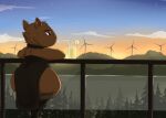 2024 absurd_res anthro brown_body brown_fur capybara caviid clothed clothing cloud detailed_background digital_drawing_(artwork) digital_media_(artwork) fur hi_res louart mammal outside plant railing rodent sitting sky solo sunset tree windmill