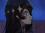  1girl black_hair blue_eyes blue_jacket blurry blurry_background epaulettes from_side hair_between_eyes hair_ornament highres indoors jacket kagura_hikari long_hair looking_ahead nori_(cheiwbciwkxbdjr) parted_lips portrait profile shoujo_kageki_revue_starlight solo sparkle_hair_ornament 