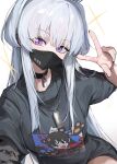  1girl black_choker black_shirt blanc_(whit_blanc) blue_archive blush choker grey_hair highres long_hair looking_at_viewer noa_(blue_archive) purple_eyes shirt short_sleeves simple_background smile solo tongue tongue_out v white_background 