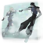  2boys abstract_background armor belt black_belt black_gloves black_hair black_pants blonde_hair blue_background blue_eyes blue_pants blue_shirt blue_sweater blue_theme boots cloud_strife commentary crisis_core_final_fantasy_vii dated final_fantasy final_fantasy_vii foot_up from_side full_body gloves green_scarf hand_in_pocket happy highres holding_hands jumping knee_pads long_hair looking_at_another male_focus multiple_boys muscular muscular_male open_mouth pants pauldrons puffy_pants puffy_short_sleeves puffy_sleeves scarf shinra_infantry_uniform shirt short_hair short_sleeves shoulder_armor sleeveless sleeveless_sweater sleeveless_turtleneck smile spiked_hair suspenders sweater thigh_strap turtleneck turtleneck_sweater zack_fair zc_furuya 