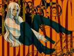  1girl androgynous blonde_hair copyright_name expressionless eyepatch full_body glasses grey_necktie gun handgun hellsing high_heels holding holding_gun holding_weapon integra_hellsing long_hair necktie orange_background sitting solo toshimichi_yukari very_long_hair weapon 