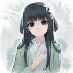  1girl bangs black_eyes black_hair blunt_bangs closed_mouth eyebrows_visible_through_hair floral_background flower hair_flower hair_ornament hair_rings hand_up highres japanese_clothes kimono long_hair open_clothes original revision smile solo too-ye white_flower white_kimono 