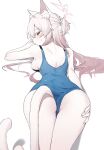  1girl akira_(blue_archive) alternate_costume animal_ear_fluff animal_ears ass back blue_archive breasts cat_ears cat_tail danbal from_behind halo hand_on_own_ass hand_up highres looking_at_viewer looking_back lying on_stomach one-piece_swimsuit pale_skin pink_halo sideboob swimsuit tail tail_under_clothes white_background white_hair 