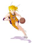  1girl absurdres alternate_costume ball basketball_(object) blonde_hair commentary double_bun full_body hair_bun hair_ribbon highres joutouguu_mayumi looking_at_viewer los_angeles_lakers national_basketball_association orange_shirt orange_shorts ribbon shirt short_hair shorts sleeveless sleeveless_shirt solo sportswear symbol-only_commentary touhou white_footwear white_ribbon yazato_ichimushi yellow_eyes 
