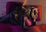 1_horn 2019 4_fingers anthro black_body black_fur black_hair blonde_hair blonde_mane clothed clothed/nude clothing cuddling duo equid equine eyes_closed female fingers fur glowing glowing_horn hair horn horse krita_(program) male male/female mammal mane mythological_creature mythological_equine mythology nude pillow pink_clothing pink_shirt pink_tank_top pink_topwear red_pillow red_sheets shirt shirtless shirtless_male sleeping storm_engineer tank_top topwear under_covers unicorn white_bedding