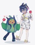  1boy absurdres black_hair blush candy_apple closed_eyes fangs food full_body grey_background highres holding holding_food japanese_clothes kieran_(pokemon) male_focus multicolored_hair nmnmnmk_p ogerpon open_mouth pokemon pokemon_(creature) pokemon_sv purple_hair short_sleeves simple_background standing teeth upper_teeth_only 
