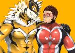  2boys akashi_(live_a_hero) animal_ears arm_around_shoulder bara bodysuit covered_abs dotsu_(wtnbkwiyd) eye_contact facial_hair furry furry_male goatee grin highres large_pectorals live_a_hero long_sideburns looking_at_another male_focus masked multiple_boys muscular muscular_male orange_bodysuit orange_fur pectorals red_eyes red_hair ryekie_(live_a_hero) scar scar_on_face scar_on_nose short_hair side-by-side sideburns smile superhero_costume thick_eyebrows tiger_boy tiger_ears uneven_eyes white_fur 