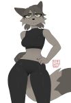 2024 anthro artist_logo biped black_nose breasts canid canine cheek_tuft claws clothed clothing crop_top cute_fangs dipstick_tail eye_through_hair facial_tuft female finger_claws fox fur glass_(tinderkell) grey_body grey_ears grey_fur grey_hair hair half-closed_eyes halter_top hi_res legwear logo looking_at_viewer mammal markings midriff narrowed_eyes navel shirt simple_background solo tail tail_markings tights topwear translucent translucent_hair tuft v-cut whisker_spots white_background yitexity