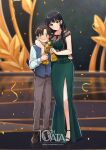  1boy 1girl arm_around_neck arm_around_waist artist_name black_hair blue_eyes blue_vest boku_no_kokoro_no_yabai_yatsu breasts brown_eyes brown_pants cleavage closed_mouth collarbone confetti cup dress full_body green_dress hakamii hand_on_another&#039;s_shoulder hetero highres holding holding_trophy hug ichikawa_kyoutarou large_breasts light_smile long_dress long_hair looking_at_viewer off-shoulder_dress off_shoulder panties pants second-party_source short_hair side_slit stage standing trophy underwear vest watermark wavy_mouth white_panties yamada_anna 