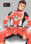  1boy akashi_(live_a_hero) bara bodysuit covered_abs covered_nipples covered_penis dotsu_(wtnbkwiyd) facial_hair feet_out_of_frame goatee highres large_pectorals leaning_to_the_side live_a_hero long_sideburns male_focus muscular muscular_male nipples pectorals penis penis_peek recording red_eyes red_hair scar scar_on_face scar_on_nose short_hair sideburns sitting solo superhero_costume thick_eyebrows torn_bodysuit torn_clothes v-shaped_eyebrows 