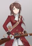  1girl absurdres assault_rifle bangs brown_hair bullet closed_mouth eyebrows_visible_through_hair feet_out_of_frame girls&#039;_frontline gloves green_eyes grey_background gun hair_ornament highres holding holding_gun holding_weapon lee-enfield lee-enfield_(girls&#039;_frontline) long_hair looking_away military military_uniform pants red_uniform rifle smile solo standing the_void_to_fly uniform weapon white_gloves white_pants 