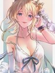  1girl :d bangs bare_shoulders bikini blonde_hair blue_background blue_eyes blush breasts cleavage collarbone commentary_request detached_sleeves europa_(granblue_fantasy) eyebrows_visible_through_hair flower gradient gradient_background granblue_fantasy hair_flower hair_ornament hand_in_hair hand_up highres looking_at_viewer medium_breasts open_mouth rose sassakntm see-through short_hair single_detached_sleeve smile solo strap_slip swimsuit upper_body white_bikini wristband yellow_background yellow_flower yellow_rose 