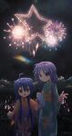  2girls absurdres aerial_fireworks ahoge ap04astral bag blue_eyes blue_hair dated fireworks floral_print green_eyes green_kimono hand_fan height_difference highres hiiragi_kagami holding holding_bag holding_fan izumi_konata japanese_clothes kimono kinchaku long_hair low_twintails lucky_star mole mole_under_eye multiple_girls night night_sky obi open_mouth paper_fan pouch purple_hair sash signature sky twintails uchiwa very_long_hair yellow_kimono yukata 