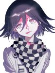  1boy @_@ blood blood_drip blood_on_clothes blood_on_face checkered_clothes checkered_scarf danganronpa_(series) danganronpa_v3:_killing_harmony flipped_hair hair_between_eyes injury licking_blood licking_lips looking_to_the_side male_focus moi03_moi08 oma_kokichi pale_skin pink_blood pink_eyes portrait purple_eyes purple_hair ringed_eyes scarf short_hair solo tongue tongue_out white_background 