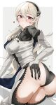  1girl absurdres armor armored_dress ass black_hairband black_panties blush breastplate commentary_request corrin_(female)_(fire_emblem) corrin_(fire_emblem) dress fire_emblem fire_emblem_fates grey_hair hair_between_eyes hairband hand_on_own_ass heart highres long_hair looking_at_viewer panties pointy_ears red_eyes shikohatsu simple_background solo sweatdrop underwear white_background 