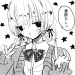  1girl bags_under_eyes blood blush bow bowtie cardigan collared_shirt empty_eyes greyscale hair_between_eyes hands_up index_fingers_raised long_sleeves looking_at_viewer monochrome noroi_(rnatataki) nosebleed original school_uniform shirt short_hair simple_background solo speech_bubble translation_request white_background 