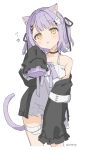  1girl :p animal_ears bandaged_leg bandages bandaid_on_thigh black_ribbon cat_ears cat_tail choker dress frilled_dress frills ghost_hair_ornament h_(eitilog) hair_ornament hair_ribbon highres jacket long_sleeves looking_at_viewer off_shoulder purple_hair ribbon shinomiya_runa short_hair simple_background sleeves_past_fingers sleeves_past_wrists solo tail tongue tongue_out two_side_up virtual_youtuber vspo! white_background x_hair_ornament yellow_eyes 