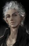  1boy 9eujang astarion baldur&#039;s_gate baldur&#039;s_gate_3 black_shirt brown_eyes closed_mouth dark_background dungeons_and_dragons elf high_collar highres light_smile looking_at_viewer male_focus pointy_ears portrait shirt short_hair solo white_hair 