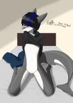 absurd_res anthro bed blue_eyes blue_hair cetacean dolphin fin furniture grey_body grey_skin hair hi_res kaito_(kaito_aoi) kaito_aoi male mammal marine slit slit_day solo tail tail_fin toothed_whale