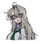  1girl ahoge crying crying_with_eyes_open draco_malfoy english_commentary genderswap genderswap_(mtf) grey_eyes grey_hair grizz harry_potter_(series) highres long_hair looking_at_viewer necktie open_mouth simple_background solo tears teeth upper_body white_background wizarding_world 