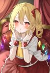  1girl absurdres ascot blonde_hair blood blood_from_mouth blood_on_face blush bow crystal flandre_scarlet frilled_skirt frills hair_between_eyes hair_bow hands_on_own_cheeks hands_on_own_face hands_up highres indoors looking_at_viewer medium_hair nail_polish okome2028 red_bow red_eyes red_nails red_skirt red_vest red_wristband shirt short_sleeves side_ponytail sitting skirt slit_pupils solo staring touhou vest white_shirt wings yellow_ascot 
