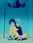  2boys aged_down ankle_boots arm_over_shoulder artist_name bakugou_katsuki boku_no_hero_academia boots bright_pupils child clenched_teeth commentary_request covered_mouth covering_another&#039;s_mouth cross-laced_footwear door dorsiflexion dot_nose film_grain fingernails freckles furrowed_brow hand_on_glass hand_over_another&#039;s_mouth hands_up horror_(theme) indoors knees_apart_feet_together knees_up limited_palette liquid midoriya_izuku mkm_(mkm_storage) monster multiple_boys own_hands_together partial_commentary raised_eyebrows sanpaku scared scowl shadow shirt shoe_soles shoes short_hair short_sleeves shorts side-by-side silhouette sitting sliding_doors sneakers spiked_hair sweatdrop t-shirt tearing_up tears teeth tile_floor tiles v-shaped_eyebrows 