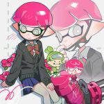  1boy 1girl ^_^ blue_skirt bow bowtie chibi chibi_inset closed_eyes closed_mouth commentary eyelashes flower goggles goggles_on_head green_bow green_bowtie green_hair grey_eyes heavy_splatling_(splatoon) hg_swdiary highres inkling inkling_boy inkling_girl inkling_player_character mask mouth_mask multiple_views pink_bow pink_bowtie pink_flower pink_hair pleated_skirt pointy_ears short_hair sitting ski_goggles skirt sleeves_past_wrists smile splatoon_(series) symbol-only_commentary tentacle_hair topknot two-tone_bowtie weapon white_background 