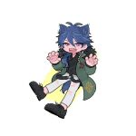  1boy animal_ears animification antenna_hair arisugawa_dice belt black_belt black_footwear black_shirt blue_hair boots cat_boy cat_ears cat_tail fangs full_body furry furry_male green_jacket hypnosis_mic jacket looking_at_viewer ma_ru_uuu male_focus messy_hair open_mouth pants purple_eyes shirt short_hair simple_background solo tail teeth upper_teeth_only white_background white_pants 