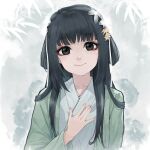  1girl bangs black_eyes black_hair blunt_bangs closed_mouth commentary_request eyebrows_visible_through_hair floral_background flower hair_flower hair_ornament hair_rings hand_up highres japanese_clothes kimono long_hair open_clothes original smile solo too-ye white_flower white_kimono 