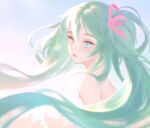  1girl aqua_hair blue_eyes crying crying_with_eyes_open dark_duck day from_side hatsune_miku long_hair looking_at_viewer miku_day outdoors solo tears topless twintails upper_body vocaloid wind 