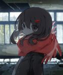  1girl abandoned absurdres black_eyes black_hair black_jacket closed_mouth commentary day from_side hair_between_eyes hair_ornament hairclip highres indoors jacket looking_at_viewer medium_hair original photo_background red_scarf scarf solo soresaki upper_body window 