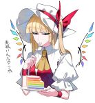  1girl :| ascot black_eyeliner black_eyeshadow blonde_hair cake closed_mouth crystal crystal_wings eating eyeliner eyeshadow flandre_scarlet food frilled_hat frills hat hat_ribbon highres makeup mob_cap multicolored_wings nubezon one_side_up puffy_short_sleeves puffy_sleeves rainbow_wings red_eyes red_skirt red_vest ribbon short_sleeves side_ponytail simple_background skirt solo touhou vest white_background white_headwear wings yellow_ascot yellow_ribbon 
