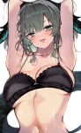  aqua_eyes arknights armpits arms_up black_bra bra collarbone grey_hair head_wings highres ho&#039;olheyak_(arknights) kyuu_(plastic_night_q) lace-trimmed_bra lace_trim long_tail looking_at_viewer navel snake_girl snake_tail sweat tail tongue tongue_out two-tone_wings underwear underwear_only upper_body white_background wings 