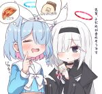  2girls =_= arona_(blue_archive) black_choker black_coat black_eyes black_hairband black_sailor_collar black_shirt blue_archive blue_hair blue_halo blue_shirt bow_hairband braid choker closed_eyes coat colored_inner_hair commentary drooling food hachikari_(hachi_karintou) hair_over_one_eye hairband halo handkerchief highres holding holding_another&#039;s_arm holding_handkerchief image_in_thought_bubble index_finger_raised light_blue_hair long_hair long_sleeves mouth_drool multicolored_hair multiple_girls neckerchief open_mouth pink_hair pizza plana_(blue_archive) red_halo red_pupils ribbon sailor_collar school_uniform serafuku shirt short_hair simple_background single_braid standing sweatdrop thought_bubble translated upper_body white_background white_choker white_hair white_hairband white_neckerchief white_ribbon white_sailor_collar 