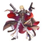  1boy bandolier belt black_belt black_footwear black_gloves blonde_hair blue_eyes boots brown_cape brown_coat bullet cape closed_mouth coat dual_wielding eyes_visible_through_hair full_body glint gloves gun hair_between_eyes handgun hands_up highres holding leona_(pixiv) long_bangs long_sleeves looking_at_viewer male_focus night_watch_(ragnarok_online) official_art pants ragnarok_online red_cape shirt short_hair simple_background smile solo standing submachine_gun tachi-e transparent_background two-sided_cape two-sided_fabric weapon white_pants white_shirt 