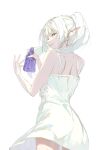  1girl bare_shoulders dress earrings elf frieren green_eyes highres jewelry long_hair looking_at_viewer looking_back mmi_ryu pointy_ears potion simple_background sleeveless sleeveless_dress smile solo sousou_no_frieren twintails white_background white_dress white_hair 