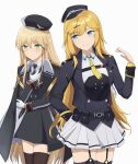  2girls absurdres arm_behind_back arm_up ash_arms bangs black_headwear black_jacket black_legwear black_necktie blonde_hair blue_eyes blue_jacket blush character_request check_character closed_mouth eyebrows_visible_through_hair feet_out_of_frame garter_straps girls&#039;_frontline gloves green_eyes hair_ornament hairclip hat highres jacket long_hair looking_at_another looking_at_viewer military military_hat military_uniform multiple_girls necktie open_clothes open_jacket open_mouth shirt skirt smile standing stg44_(girls&#039;_frontline) teeth the_void_to_fly thighhighs tiger_h_(ash_arms) uniform white_background white_gloves white_shirt white_skirt yellow_necktie 