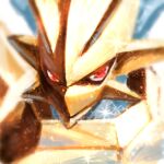  armor blue_skin blurry blurry_background close-up colored_skin digimon digimon_(creature) gerusyu gold_armor highres looking_at_viewer magnamon no_humans red_eyes sparkle 