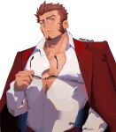  1boy absurdres bara blue_eyes brown_hair facial_hair fate/grand_order fate_(series) glasses goatee highres holding holding_eyewear jacket jacket_on_shoulders large_pectorals long_sideburns long_sleeves looking_at_viewer male_focus mature_male muscular muscular_male napoleon_bonaparte_(fate) pectoral_cleavage pectorals short_hair sideburns solo yangtuokawayi 