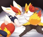  anthro bed black_body black_fur blush braixen canid canine cinderace duo female female/female fur furniture hi_res inner_ear_fluff lagomorph leporid looking_at_viewer lying lying_on_bed mammal nintendo nude on_bed on_front open_mouth pok&eacute;mon pok&eacute;mon_(species) red_body red_fur subaru331 tuft video_games white_body white_fur yellow_body yellow_fur 