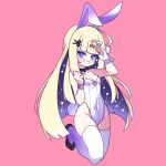  1girl amanogawa_shiina blonde_hair cross_(vgne4542) high_heels highres long_hair phase_connect playboy_bunny purple_eyes ribbon simple_background smile solo 